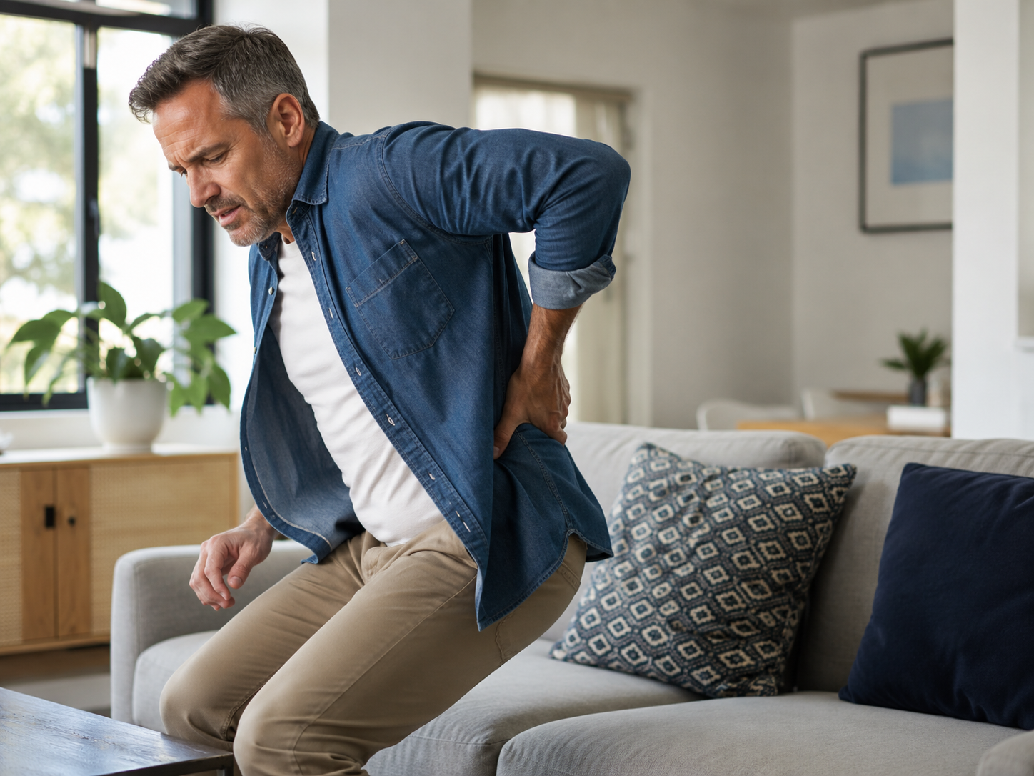 Man experiencing lower back pain and stiffness after a motor vehicle accident