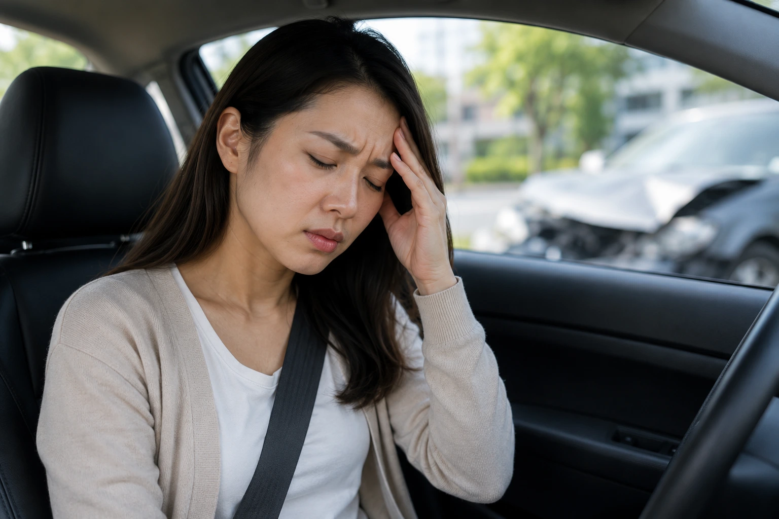 Person experiencing neck pain and concussion-related symptoms after a car accident