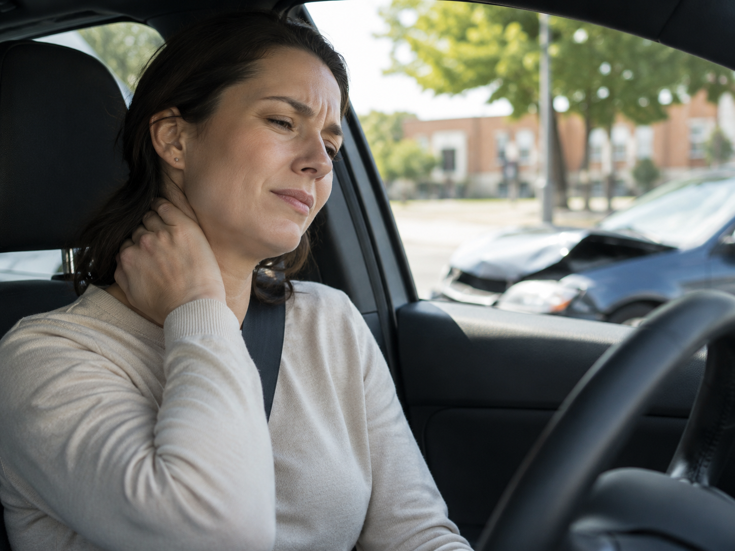 Woman experiencing neck pain and whiplash symptoms after a car accident
