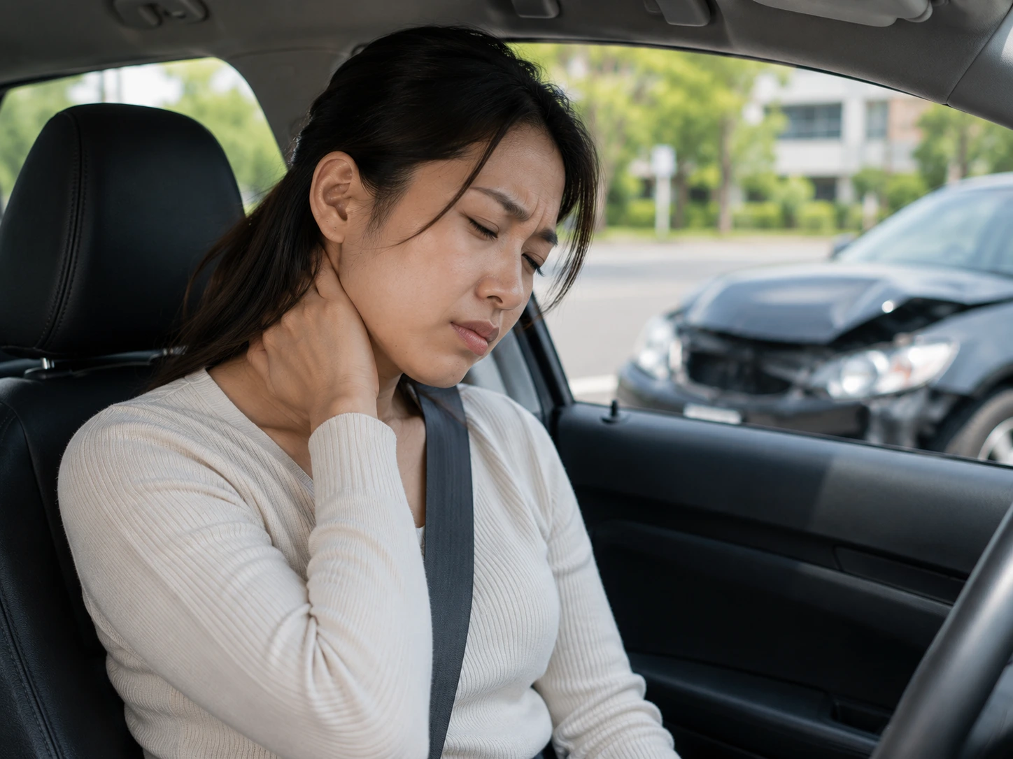 Person experiencing neck pain and whiplash symptoms after a car accident